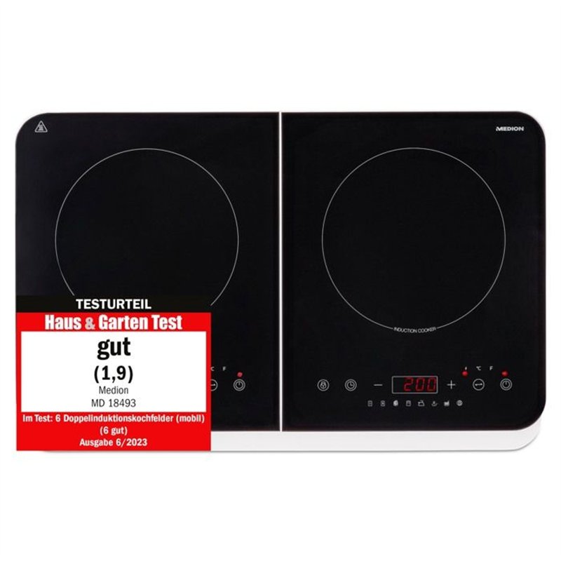 Plaque Induction Posable - MEDION MD18493 - 2 Foyers - 3500W - 60/240°C - 8 Programmes - L 59 x P 36 x H 6 cm - Blanc/Noir