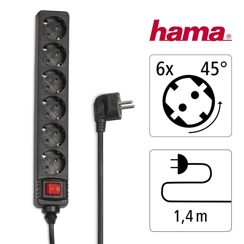 Image secondaire de Hama Multiprise 6 Prises 16A avec Interrupteur (Rallonge multiprises 1.4m, Bloc 6 Prises Type F Schuko, 3500W Max, Idéal Bureau