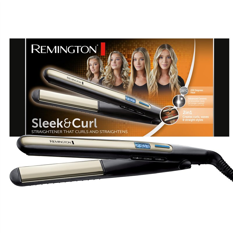 Remington Lisseur Cheveux [2en1: lisse & boucle] Sleek & Curl (Léger, Design arrondi, Céramique Tourmaline, Écran LCD, 150-230°C