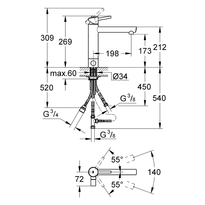 Image secondaire de Grohe Robinet de Cuisine Concetto Bec Medium Plage de Rotation de 140° Starlight Basse Pression Vanne d'Arrêt 31209001 (Import A