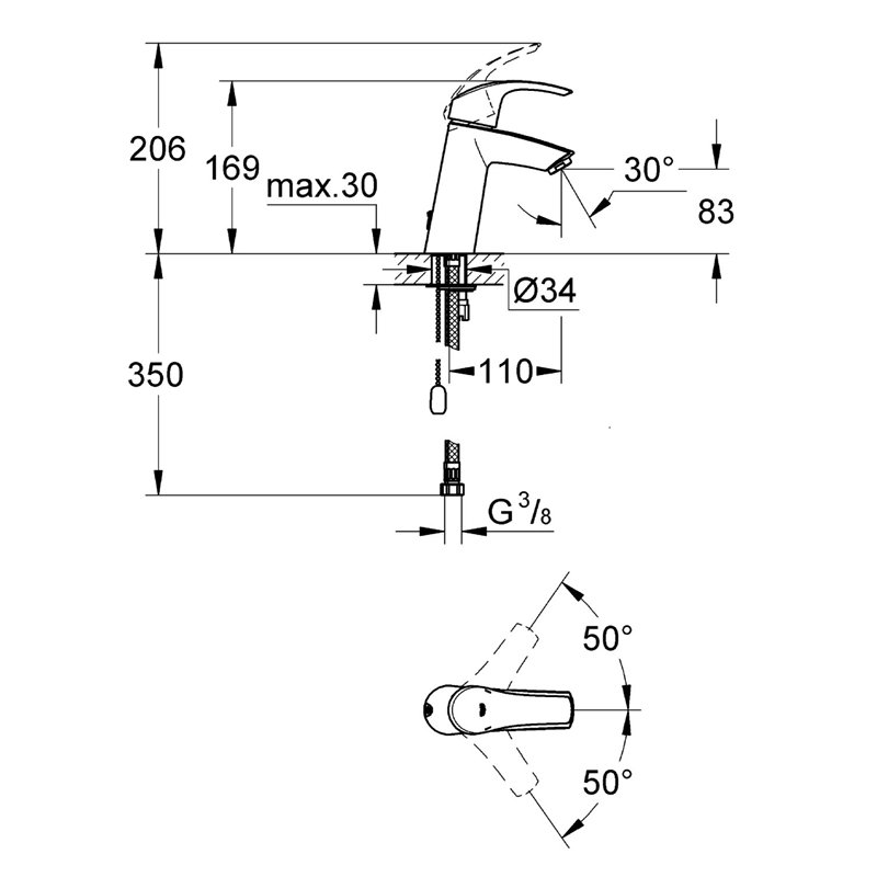 Image secondaire de Grohe Robinet de Lavabo Eurosmart Cosmopolitan Chaînette Rétractable Bec Medium Ecojoy 23323001 (Import Allemagne)