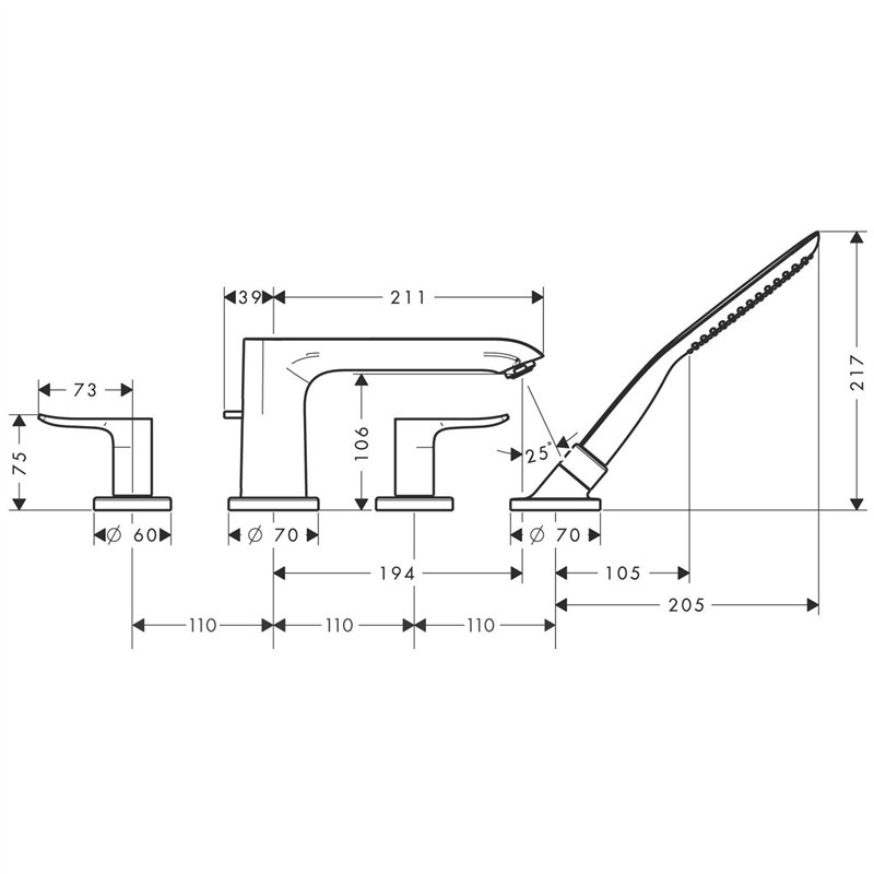 Image secondaire de hansgrohe Metris Set de finition mélangeur 4 trous pour montage sur bord de baignoire, chromé, 31442000