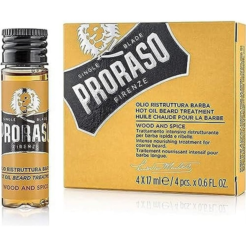 Proraso | Huile chaude pour la barbe Wood & Spice (4 flacons de 17 ml) – Traitement nourrissant intensif pour barbe longue et hi