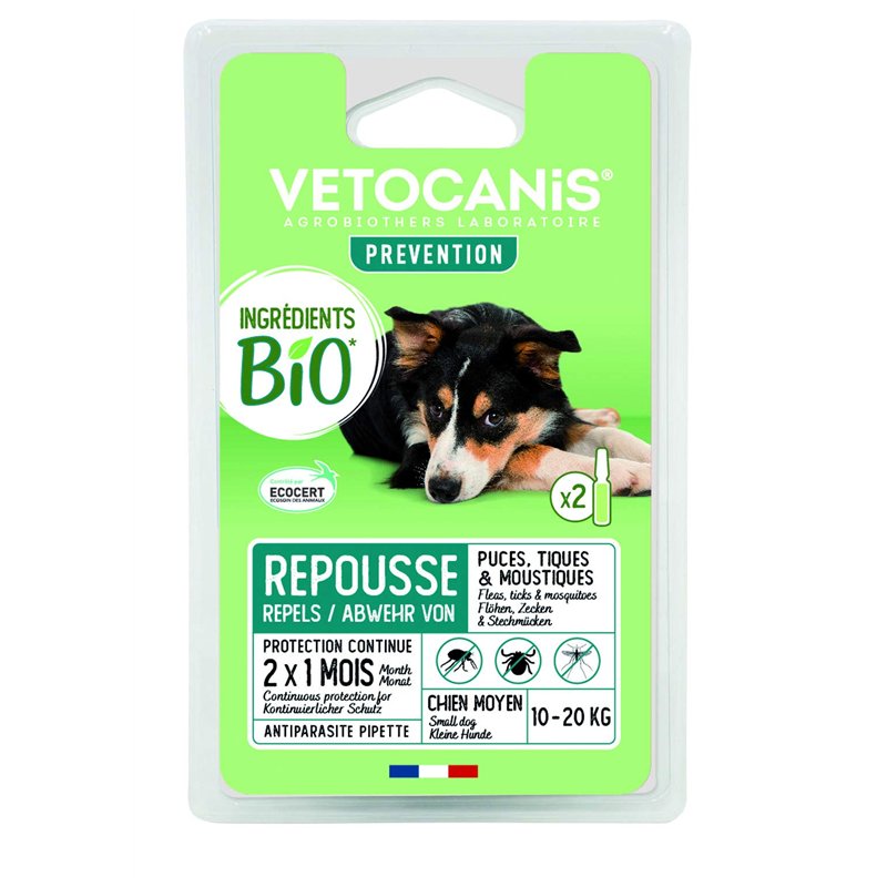 VETOCANIS Pipettes Anti-Puces et Anti-Tiques BIO pour Chien, Formule Entièrement Naturelle Certifié ECOSOIN, 2 pipettes = 6 sema