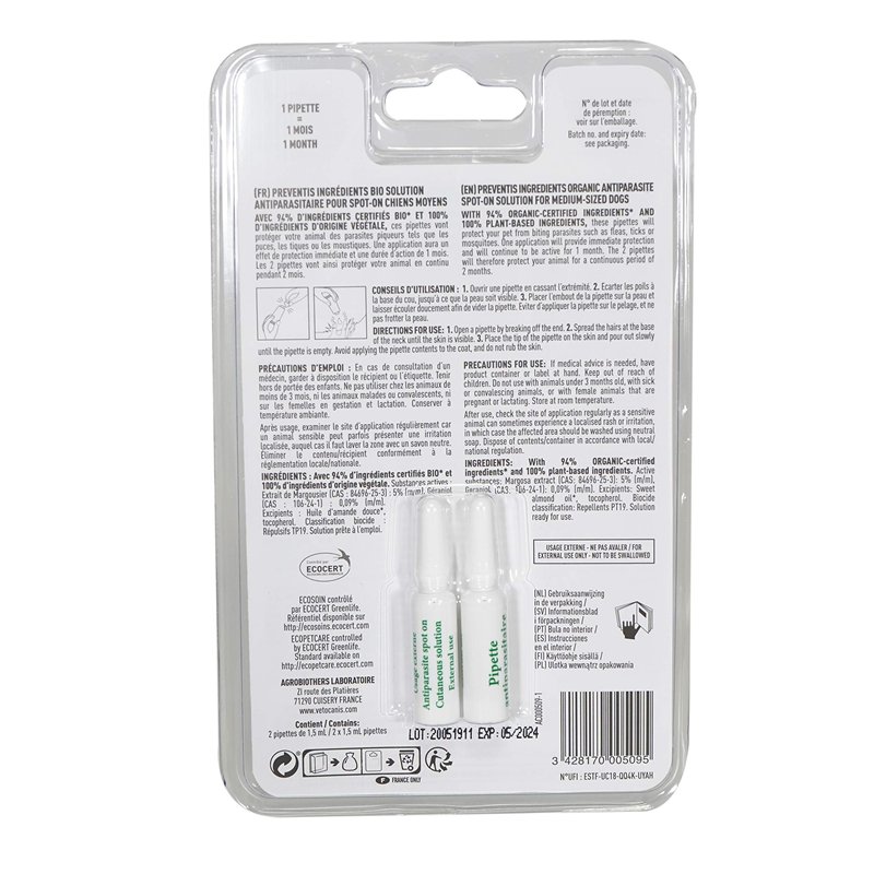 Image secondaire de VETOCANIS Pipettes Anti-Puces et Anti-Tiques BIO pour Chien, Formule Entièrement Naturelle Certifié ECOSOIN, 2 pipettes = 6 sema