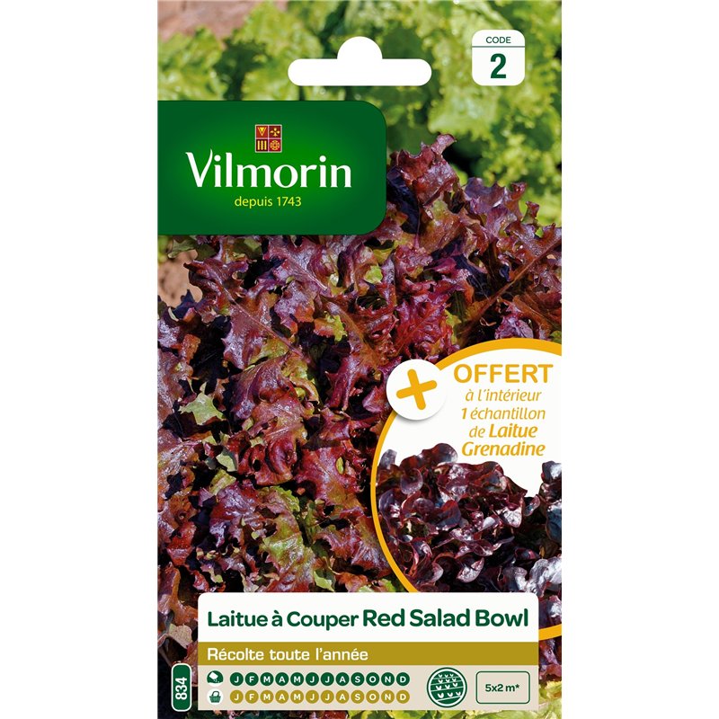 Vilmorin 3609842 Pack de Graines Laitue à Couper Salade Bol Rouge + Echantillon Laitue à Couper Grenadine
