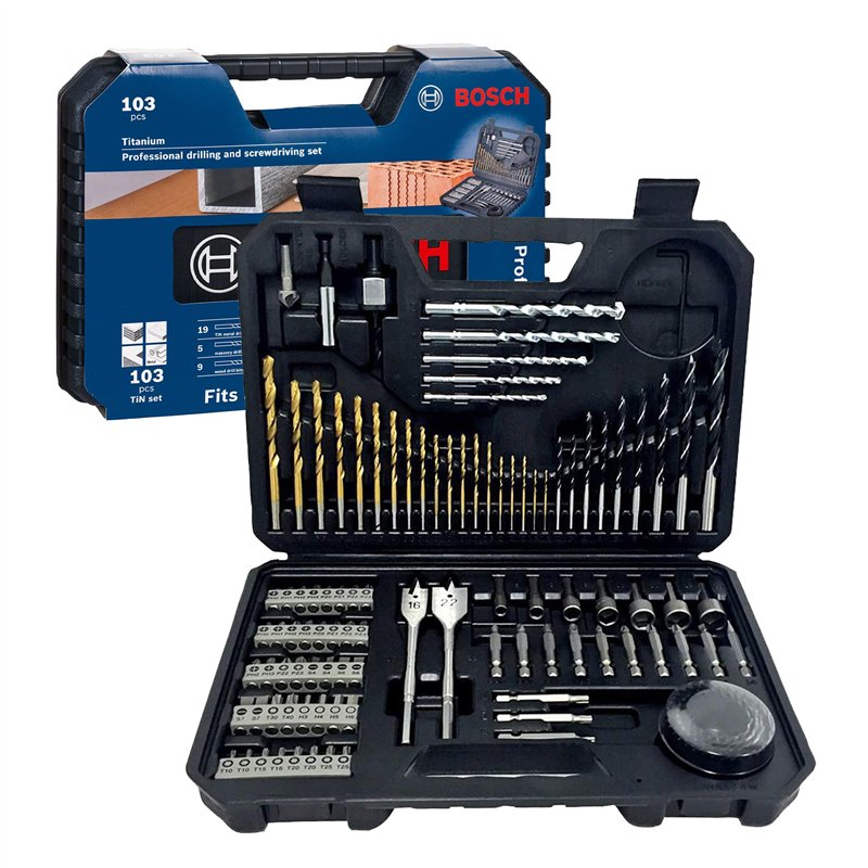 Bosch Professional 103 pièces Jeu de forets et d'embouts (pour le bois, la pierre et le métal, accessoires outils de perçage et