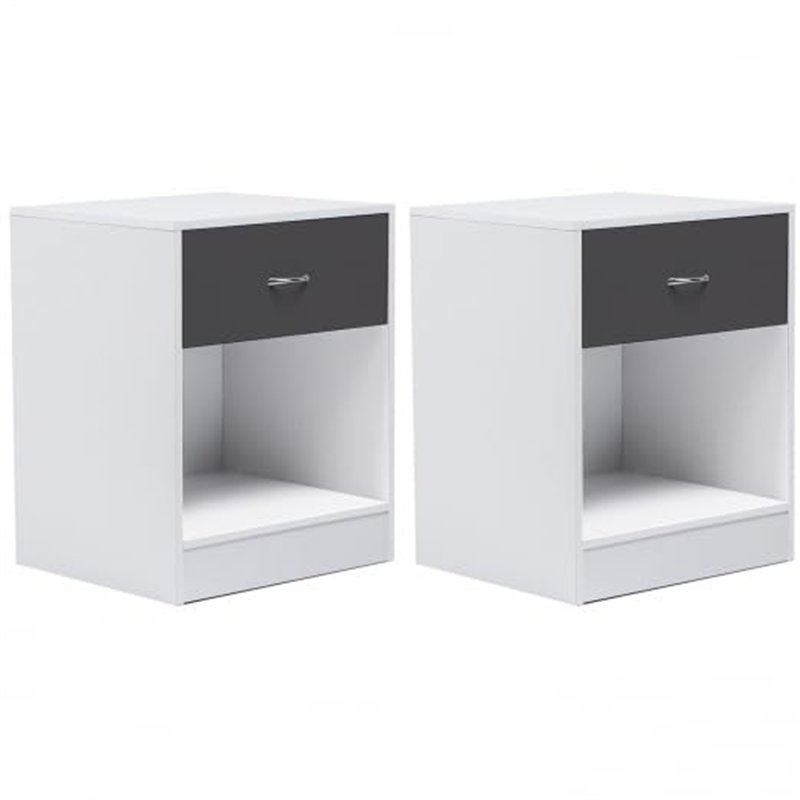 IDMarket - Lot de 2 Tables de Chevet Olga 1 tiroir avec Niche Bois Blanc et tiroir Gris