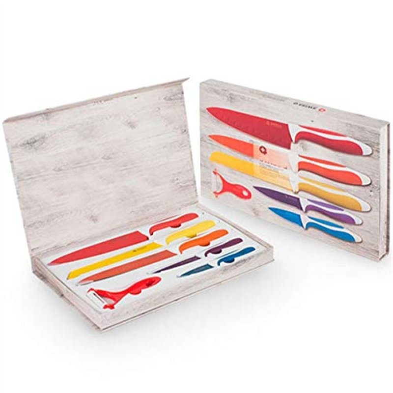 SHOP-STORY - 5 Couteaux De Cuisine avec Économe Set en INOX Colorés Recouverts De Céramique