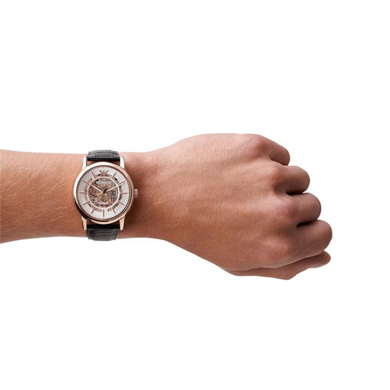 Image secondaire de Emporio Armani Montre pour homme, mouvement automatique, boîtier en acier inoxydable or rose de 43 mm avec bracelet en cuir, AR6