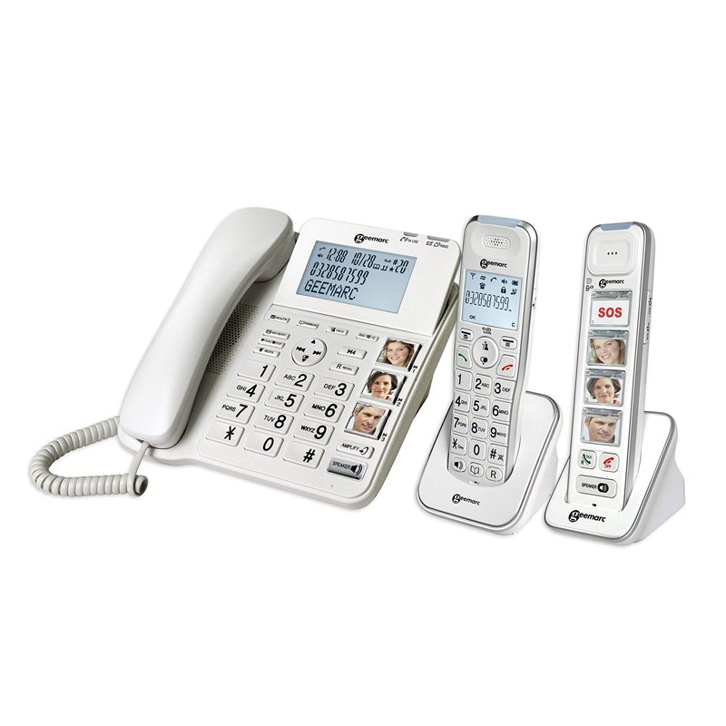 Geemarc Pack Senior - Téléphone Fixe Amplifié et Ses Combinés Additionnels avec Répondeur et Larges Touches Photo Personnalisabl