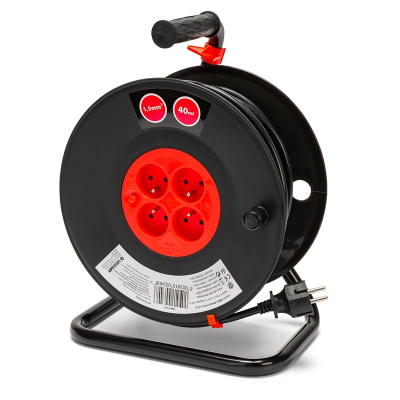 Velamp REEL-FR-40 Rallonge Prolongateur électrique 40 m avec enrouleur 4 Prises 16 A section 3G1,5 mm² + coupe-circuit. Noir et
