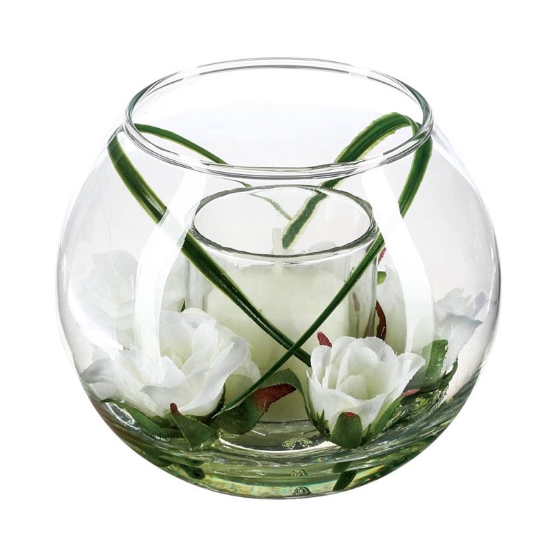 Atmosphera - Composition Florale Artificielle et Bougie - Vase en Verre - H10 cm - Modèle 1