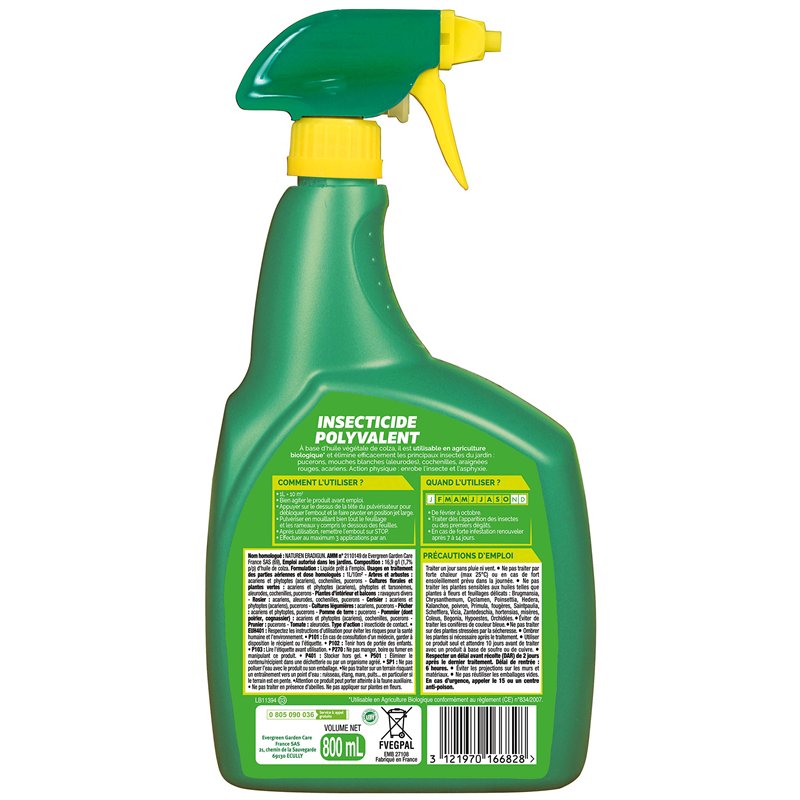 Image secondaire de FERTILIGENE FVEGPAL - Pulvérisateur Insecticide Polyvalent Prêt à L'emploi 800 ml - A base d'huile végétale de Colza - Elimine d
