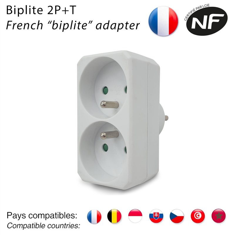Image secondaire de Velamp ADAT-FR-1- Biplite 2 prises électriques 2 pôles avec Terre 2 sorties Frontales - 16A Blanc