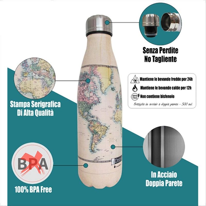 Image secondaire de I-Drink RI01 Bouteille isotherme en acier à double paroi, anti-fuite, sans BPA, 500 ml, 7 Cipria Metal