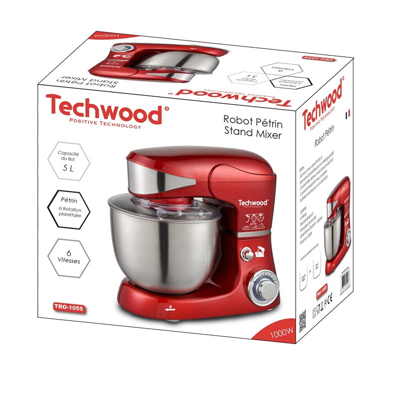 Image secondaire de Techwood TRO-1055 Robot Pâtissier/Petrin-1000 W, Métal, Rouge