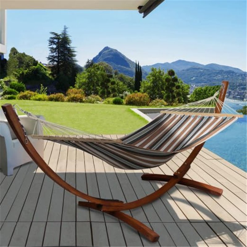 Image secondaire de IDMarket - Hamac XL avec Support Bois et Toile rayée Noire, Blanche et Chocolat