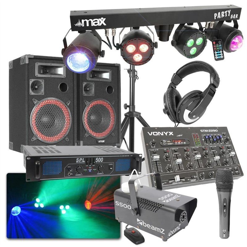 SKYTEC Pack Disco DJ - Enceinte 500W, Jeux de Lumière sur Barre en T Contrôle par Télécommande, Amplificateur 2X 250W, Machine à