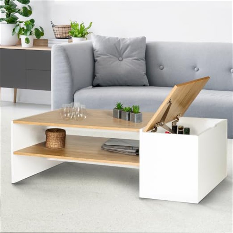 Image secondaire de IDMarket - Table Basse Bar contemporaine rectangulaire IZIA avec Coffre Blanc et Plateaux Bois