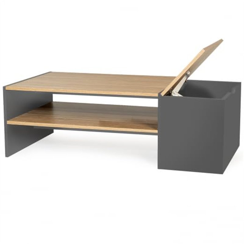 IDMarket - Table Basse Bar contemporaine rectangulaire IZIA avec Coffre Gris et Plateaux Bois