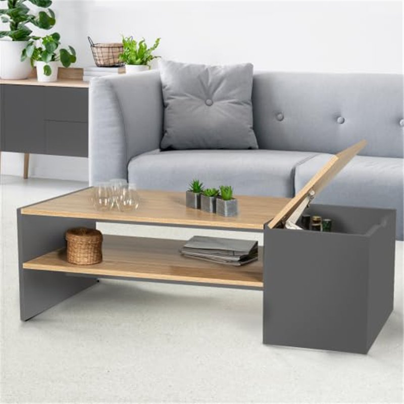 Image secondaire de IDMarket - Table Basse Bar contemporaine rectangulaire IZIA avec Coffre Gris et Plateaux Bois