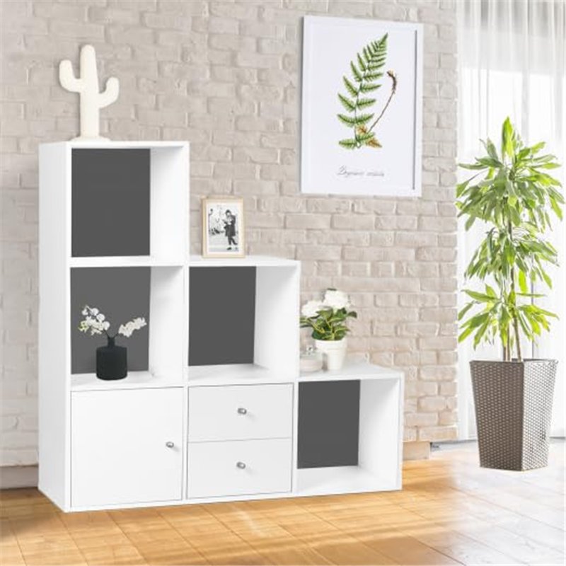 Image secondaire de IDMarket - Meuble de Rangement en escalier Liam 3 Niveaux Bois Blanc Fond Gris avec Porte et tiroirs