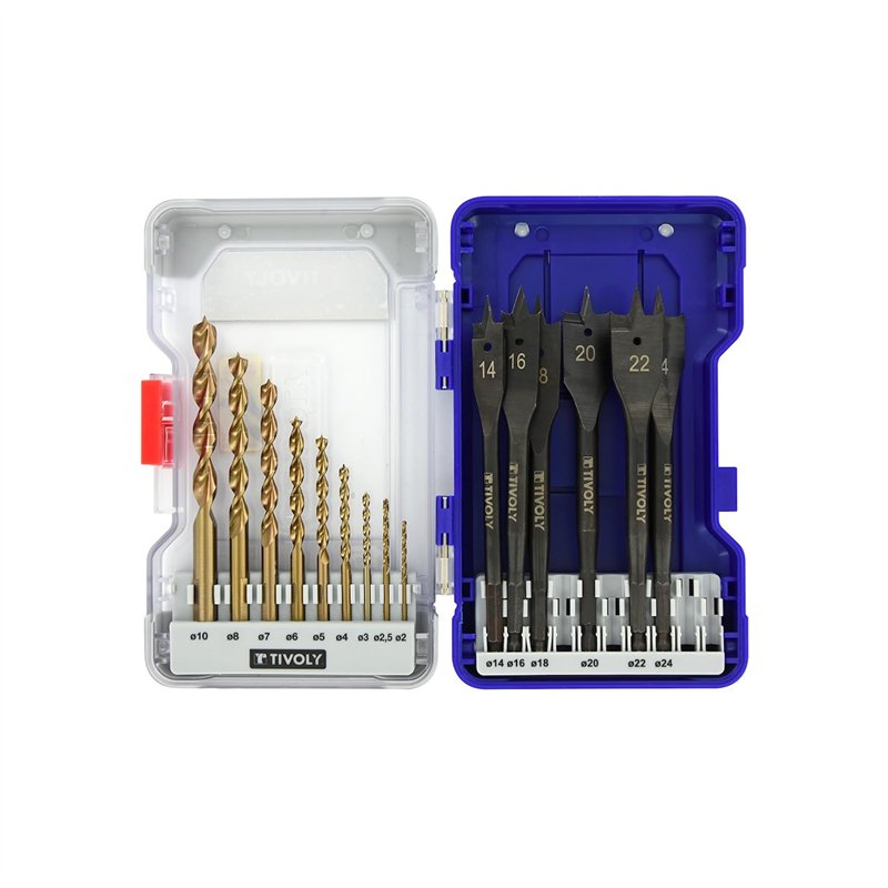 TIVOLY - Coffret Forets + Mèches à Bois - Pour Perçage des Bois Durs - Kit 15 Pièces : 9 Forets Bois HSS SpeedPoint Ø 2 à 10mm +