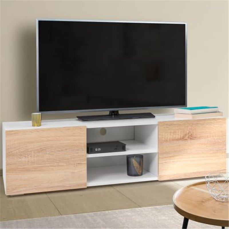 Image secondaire de IDMarket - Meuble TV 113 cm ELI Blanc Portes façon hêtre
