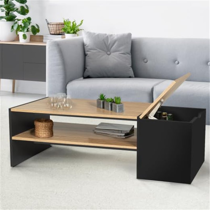 Image secondaire de IDMarket - Table Basse Bar contemporaine rectangulaire IZIA avec Coffre Noir et Plateaux Bois