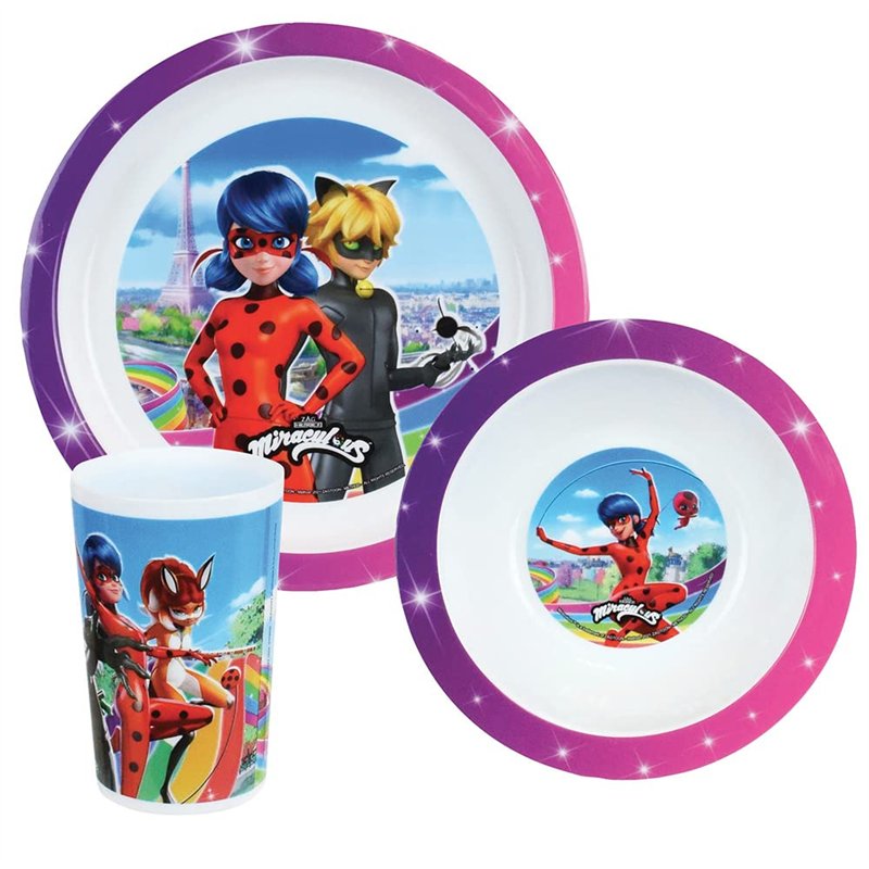 FUN HOUSE 006081 MIRACULOUS LADYBUG ENSEMBLE REPAS COMPOSE D'UNE ASSIETTE PLATE Ø 22 CM, D'UNE ASSIETTE CREUSE Ø 16 CM ET D'UN V