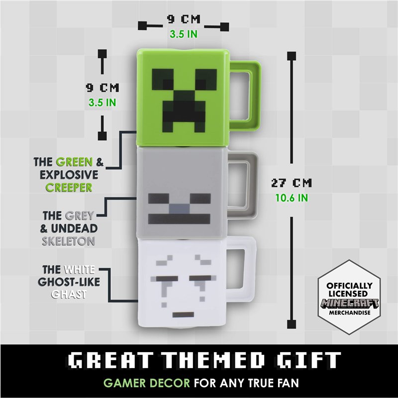 Image secondaire de Minecraft Tasses à empiler Officiellement licencié, Lot de 3 tasses Creeper, Squelette & Ghast, Cadeau pour fans de, 250ml