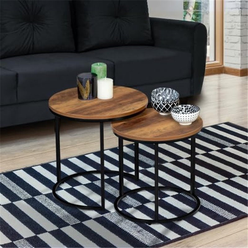 Image secondaire de IDMarket - Lot de 2 Tables Basses gigognes Hawkins Rondes 40/45 Bois foncé Design Industriel
