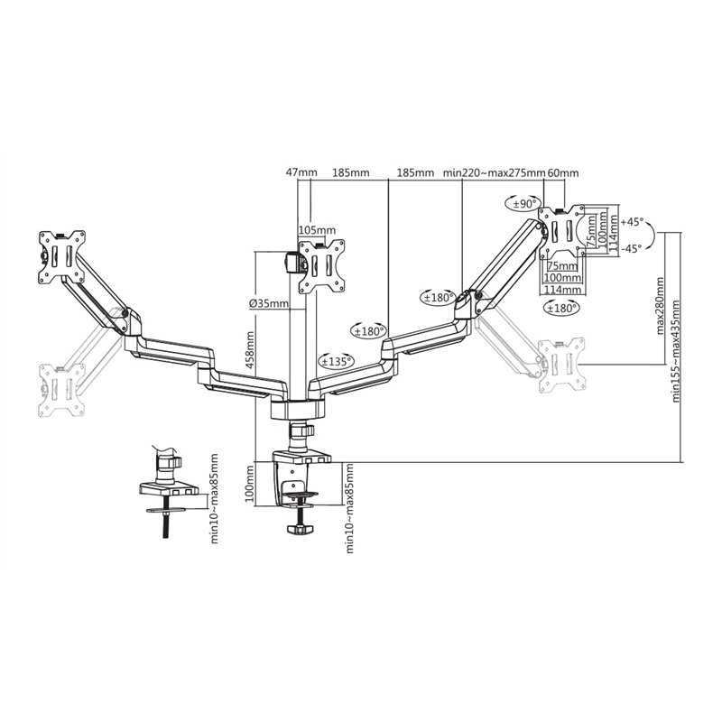 Image secondaire de Support Triple écran à fixer Deltaco ARM-0352 (24kg max) (Noir)