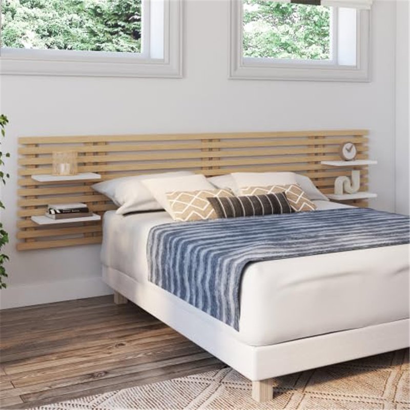 Image secondaire de IDMarket - Tête de lit Suspendue en Lattes AVA 240 cm Bois Clair et étagères Blanches