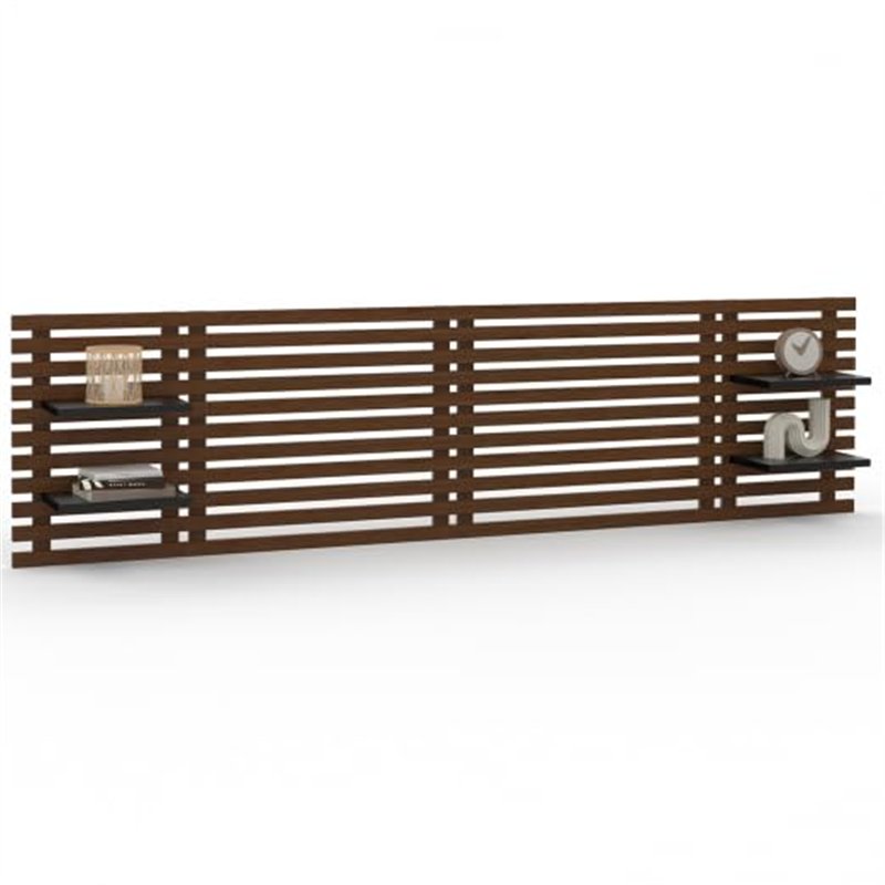 IDMarket - Tête de lit Suspendue en Lattes AVA 240 cm Bois Vieilli et étagères Noires