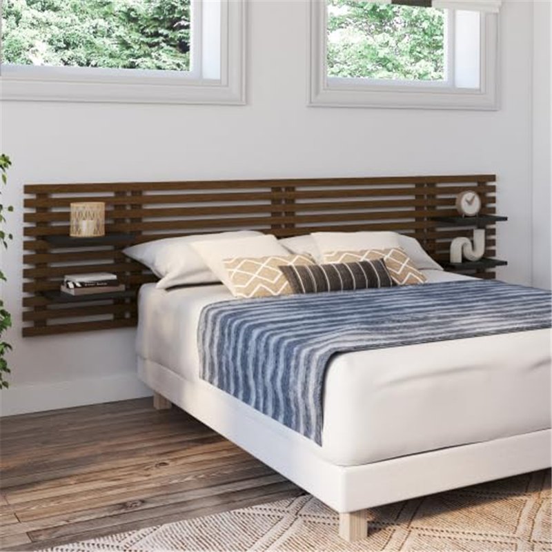 Image secondaire de IDMarket - Tête de lit Suspendue en Lattes AVA 240 cm Bois Vieilli et étagères Noires
