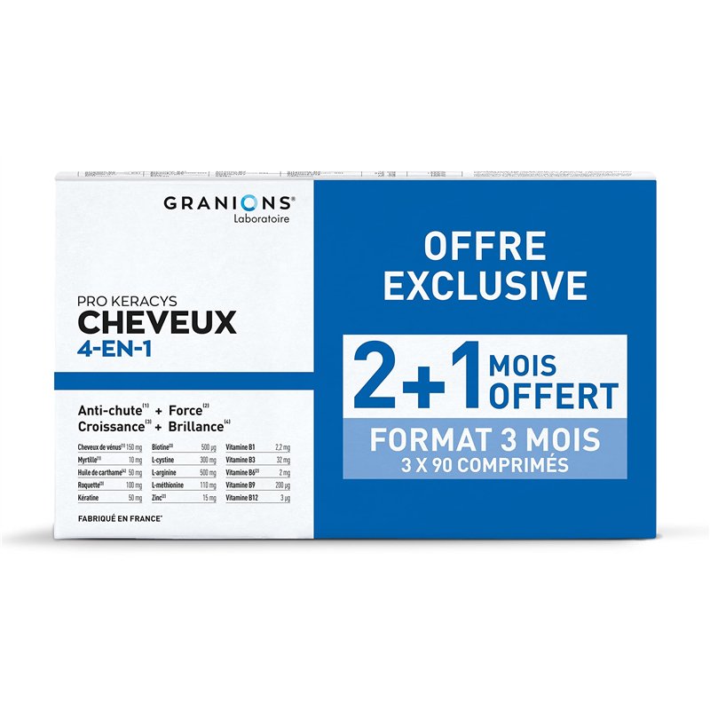 GRANIONS PRO KERACYS 4-EN-1 | Anti-chute Cheveux + Force + Croissance + Brillance | FORMAT 3 MOIS : 2 x 90 Gélules + 90 Gélules
