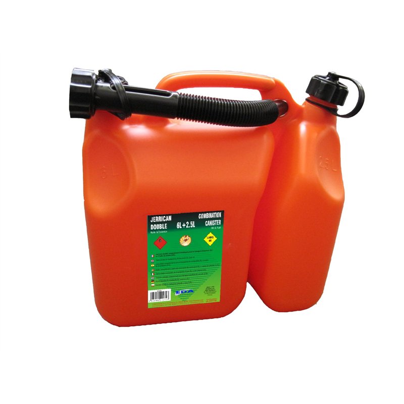 EDA - Jerrican Double Compartiment - 6 L pour Essence + 2,5 L pour Huile - avec Bec Verseur Rigide - Homologué Carburant - 31,8