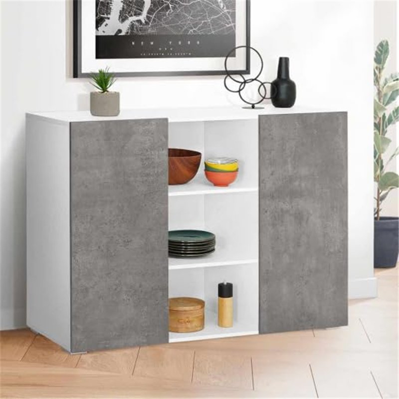 Image secondaire de IDMarket - Buffet 110 cm ELI Blanc 2 Portes Effet béton