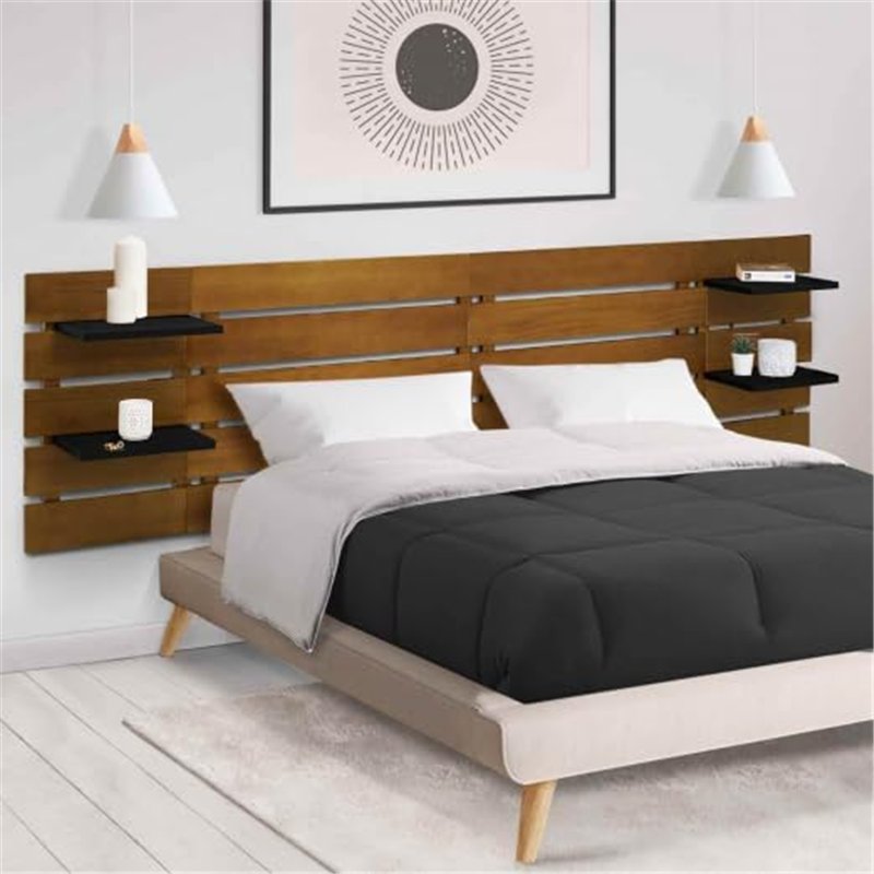 Image secondaire de IDMarket - Tête de lit Suspendue 5 Larges Lattes Nina 240 cm Bois Vieilli et étagères Noires