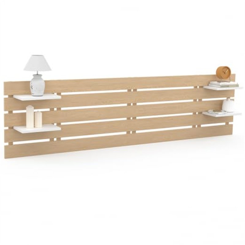 IDMarket - Tête de lit Suspendue 5 Larges Lattes Nina 240 cm Bois Clair et étagères Blanches