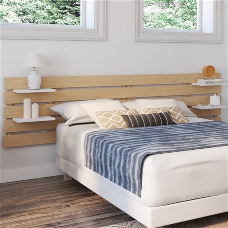 Image secondaire de IDMarket - Tête de lit Suspendue 5 Larges Lattes Nina 240 cm Bois Clair et étagères Blanches