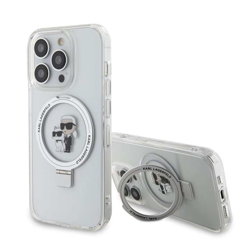 CG Mobile Karl Lagerfeld Magsafe Ringstand Coque avec têtes Karl & Choupette pour iPhone 15
