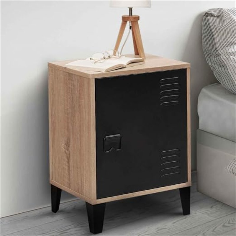Image secondaire de IDMarket - Table de Chevet Ester Effet Bois 1 Porte métal Noir Design Industriel