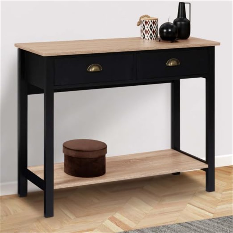 Image secondaire de IDMarket - Console 2 tiroirs Campagne ISIS 1 étagère Bois et Noir