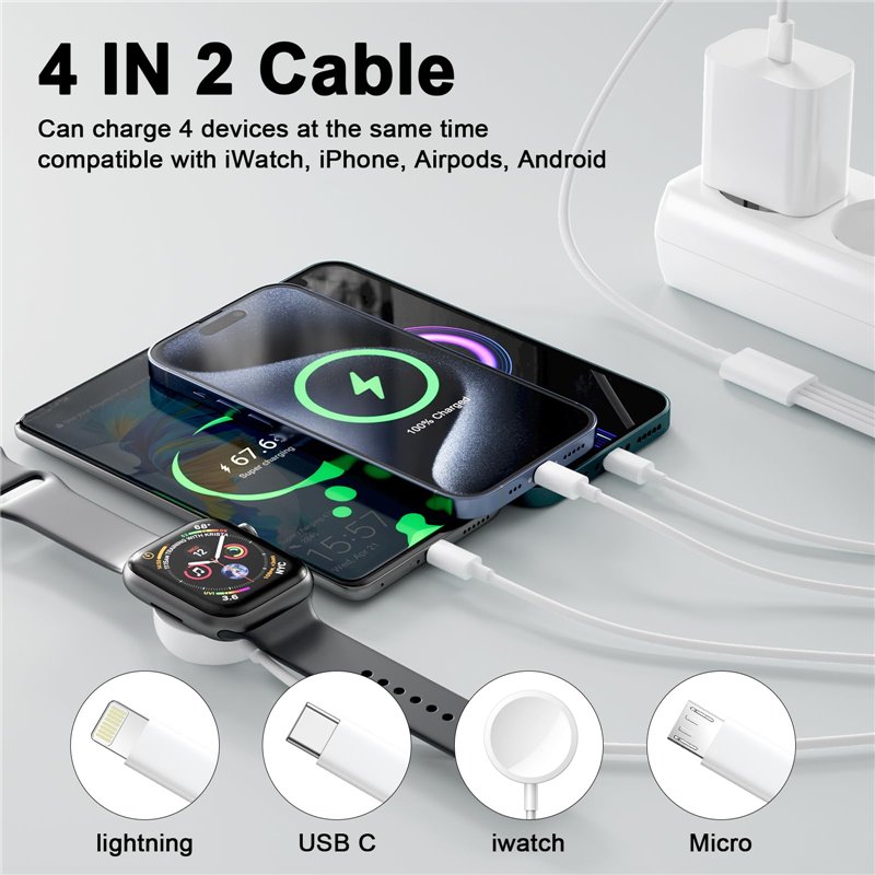 Image secondaire de 4 en 2 Câble pour Chargeur Apple Watch, Chargeur Watch USB C 1M Cable Apple Watch avec Lightning/USB C/iWatch/Micro pour Apple W
