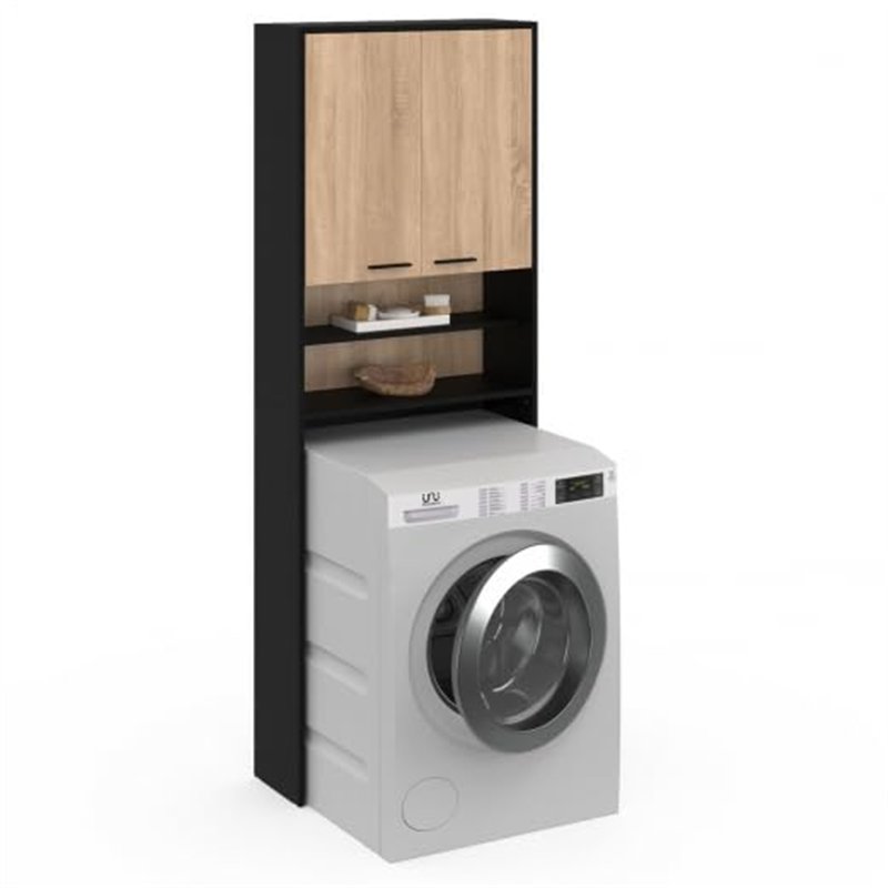IDMarket - Meuble étagères de rangement dessus machine à laver et WC WALLIS noir et bois façon hêtre