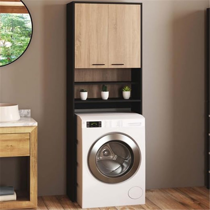 Image secondaire de IDMarket - Meuble étagères de rangement dessus machine à laver et WC WALLIS noir et bois façon hêtre