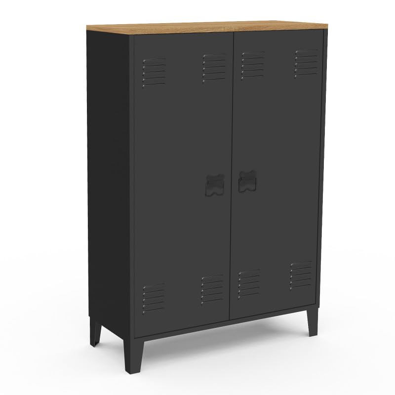 IDMarket - Armoire basse ESTER 2 portes métal noir et plateau bois design industriel